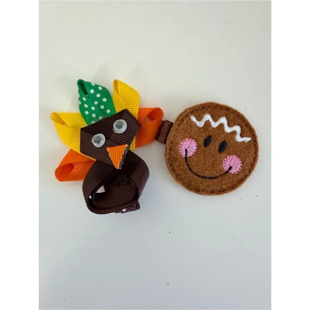 Handmade Thanksgiving Turkey Gingerbread Cookie Hair Clip Set Girls Fall Holiday